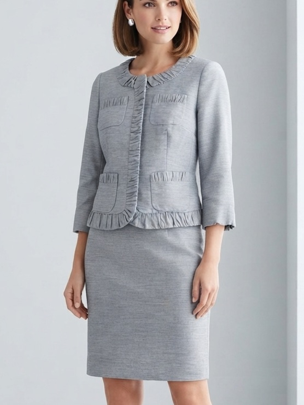 Antonio Melani Linen Blend Skirt Suit Set Light Blue Ruffle Jacket